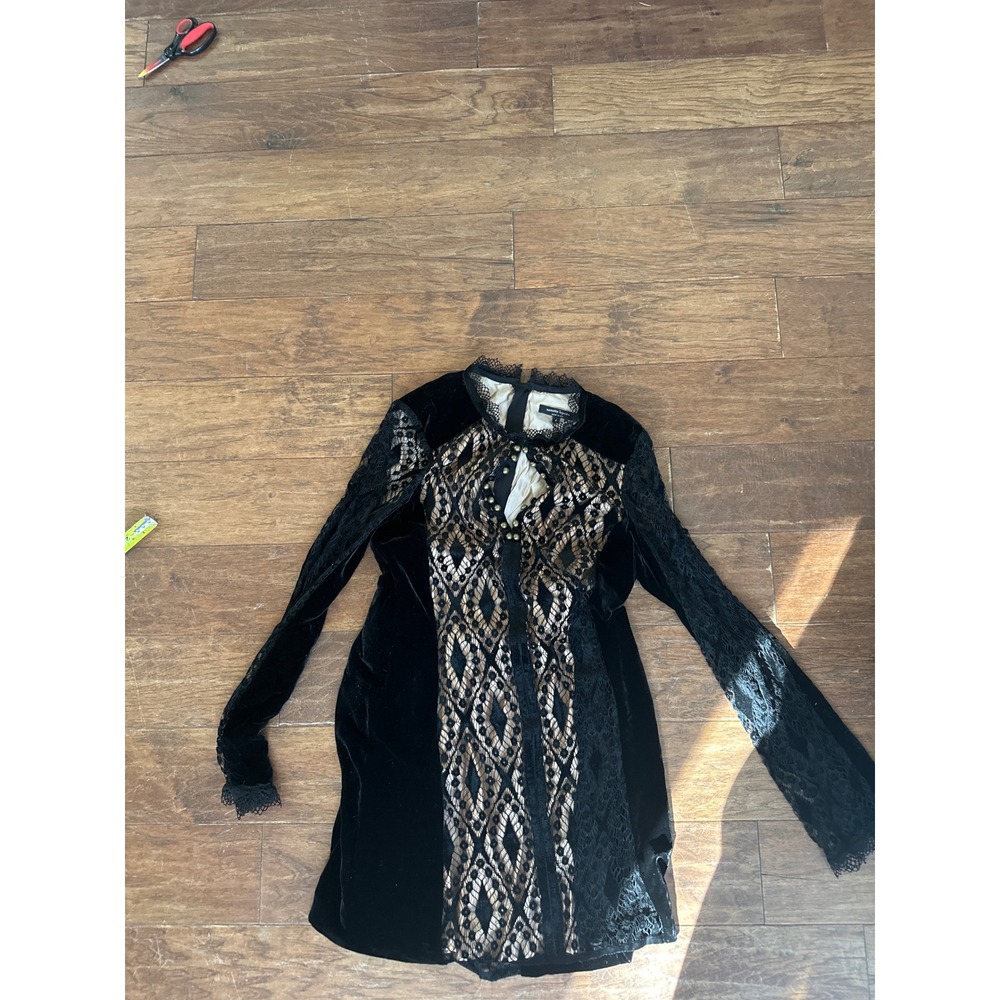Nanette Lepore Black Velvet Lace Diamond Mini Dress Long Sleeve Victorian Size 4